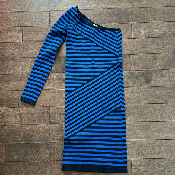 Bebe One Shoulder Bodycon Blue & Black Stripe Dress Small - Picture 1 of 6